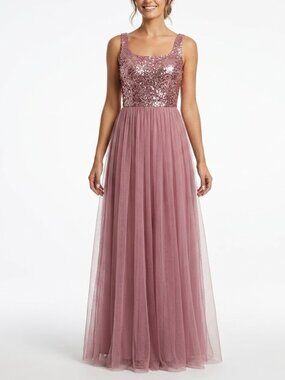 Ever-Pretty Coquette Sequin Tulle Maxi Dress Dusty Rose Prom Gown Sz 10